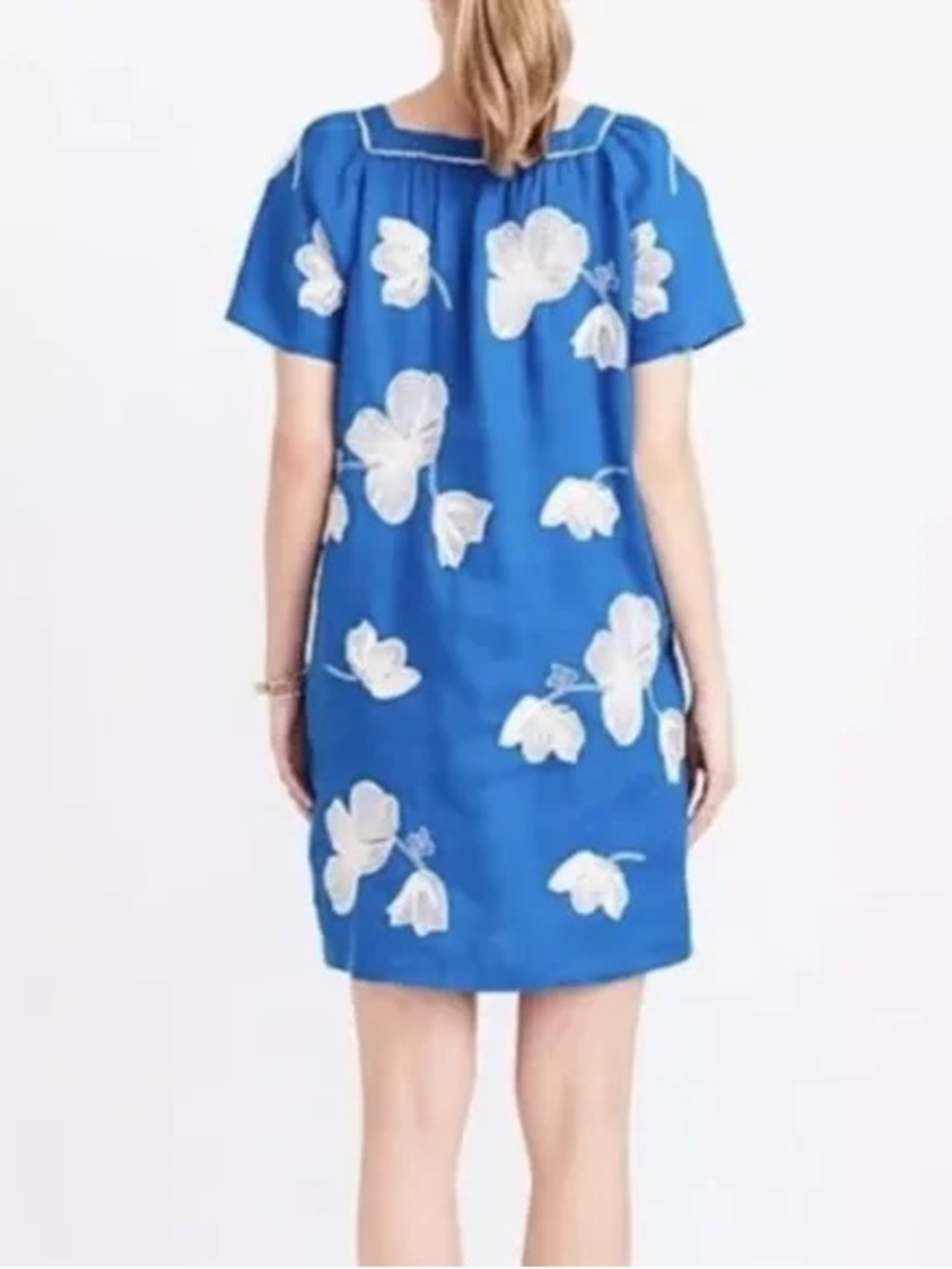 J. Crew Blue Linen Dress with White Floral Embroidery Size Medium - Picture 2 of 8